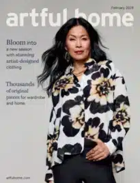 A collection of handcrafted wooden furniture and artisan glass vases from the Artful Home Catalog.