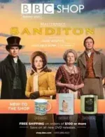 A collection of British television DVD box sets and themed merchandise from the BBC Shop Catalog.