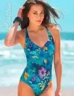 Cooltan Swimwear Catalog: A collection of tan-through swimwear pieces including one-piece suits and men's trunks displayed in a bright