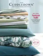 Cuddledown Catalog: Luxury white bedding with a plush down comforter and stacked pillows in a bright bedroom.