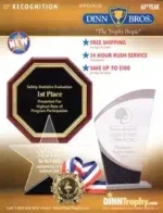 Dinn Bros. Trophy Catalog: A variety of gold and silver trophies and plaques from a professional catalog display.