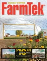 FarmTek - Farm and Garden Catalog: A large commercial greenhouse structure with galvanized steel frames and polycarbonate panels under a clear blue sky.