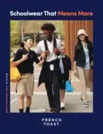 A variety of school uniform polo shirts and pants from the French Toast Uniform Catalog displayed neatly.