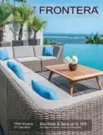 Luxury outdoor patio furniture featuring teak chairs and a wooden table from the Frontera Catalog.
