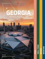 Georgia State Travel Guide: A scenic view of the North Georgia Mountains during autumn with vibrant orange and red foliage and a clear blue sky.