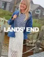 A variety of classic apparel and durable outerwear featured in a Lands' End catalog layout.