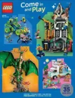 Lego Toy Catalog: A variety of colorful building sets and catalogs displayed on a wooden table