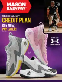 A collection of diverse footwear styles from the Mason Shoe Catalog highlighting various widths and brands.