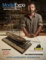 Model Expo Catalog: A detailed wooden ship model under construction on a workbench with precision tools.