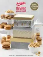 A variety of fresh-baked cookies and brownies from the Mrs. Fields Gifts Catalog arranged in a decorative gift tin.