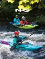 NRS Rafting Catalog: A professional whitewater raft equipped with a modular aluminum frame and rowing oars navigating a technical river section.