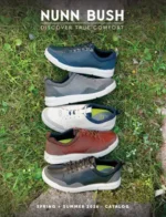 Nunn Bush Shoe Catalog: A collection of various men's leather dress shoes and casual boots from the Nunn Bush catalog arranged neatly.