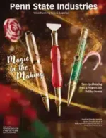 Penn State Industries: A woodworker using a lathe to turn a custom pen with specialized woodturning tools.