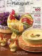 Pfaltzgraff Catalog: A beautifully set dining table featuring classic Pfaltzgraff stoneware patterns and coordinating kitchen accessories.