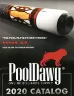 PoolDawg Catalog: A professional pool cue and billiards accessories laid out on a blue felt pool table.