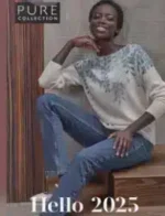 Pure Collection Catalog: Woman wearing a soft grey cashmere sweater and holding a wool scarf in a bright