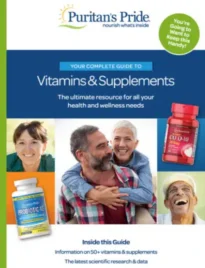 A wide selection of vitamin and supplement bottles from the Puritan's Pride catalog arranged on a clean wooden surface.