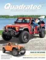 Quadratec Jeep Catalog: A modified Jeep Wrangler driving through a rugged mountain trail with upgraded suspension and lighting.