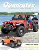 Quadratec Jeep Catalog: A modified Jeep Wrangler driving through a rugged mountain trail with upgraded suspension and lighting.
