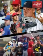 Rawlings Catalog: Detailed view of professional baseball gloves and bats from a premium equipment collection.