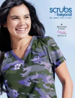 Scrubs & Beyond Catalog: A professional nurse wearing high-quality navy blue medical scrubs with multiple pockets