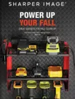 A variety of high-tech gadgets and home wellness products from the Sharper Image Catalog displayed in a modern living room.