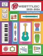 A collection of colorful classroom percussion instruments and music education books from the West Music Catalog.