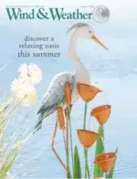 Wind & Weather Catalog: A decorative copper wind spinner rotating in a lush green garden next to a classic outdoor thermometer.